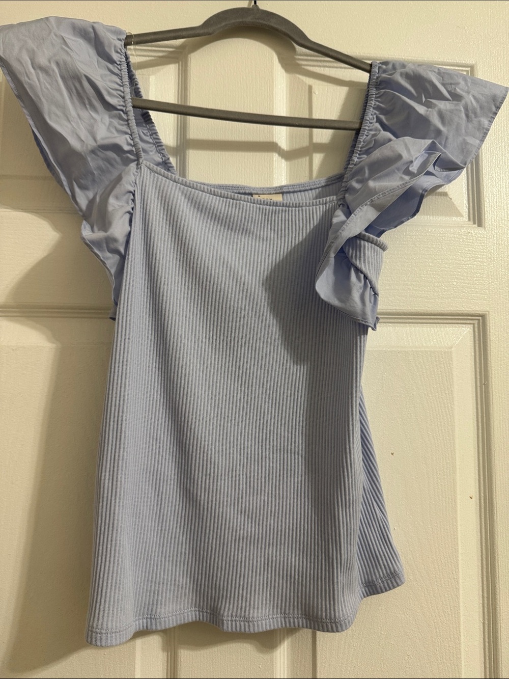 a new day Light Blue Ribbed Flutter-Sleeve Tank Top